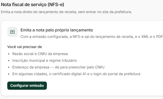 Tela de emissão de nota fiscal de serviço no FCS